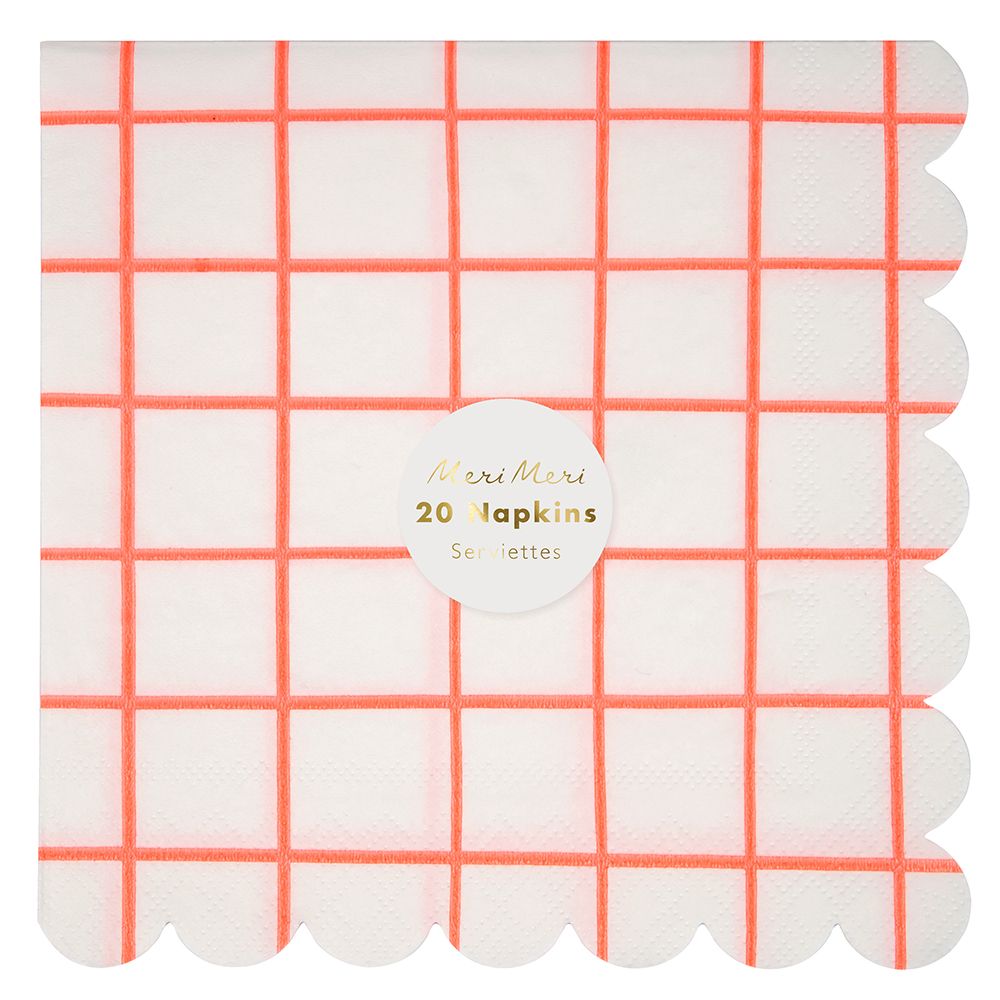 Meri Meri - Neon Coral Grid Napkins 20pcs - Large - Coral