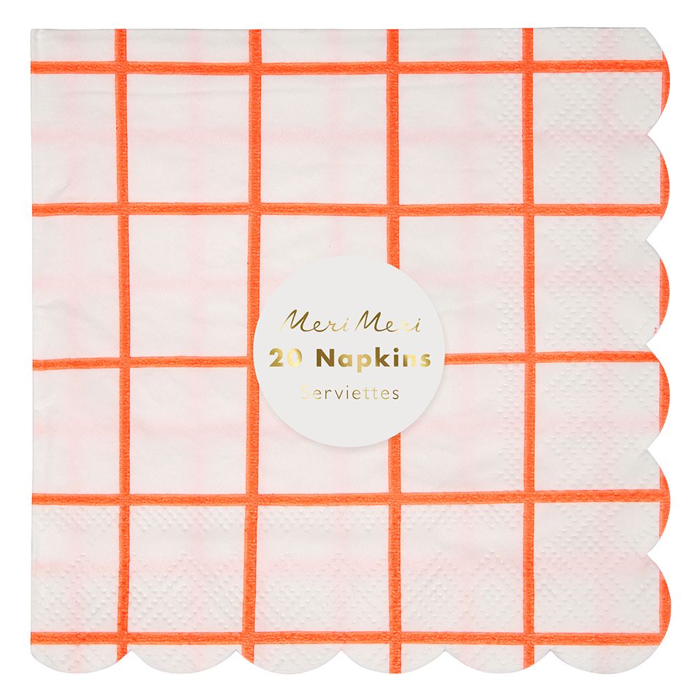 Meri Meri - Neon Coral Grid Napkins 20pcs - Small - Coral