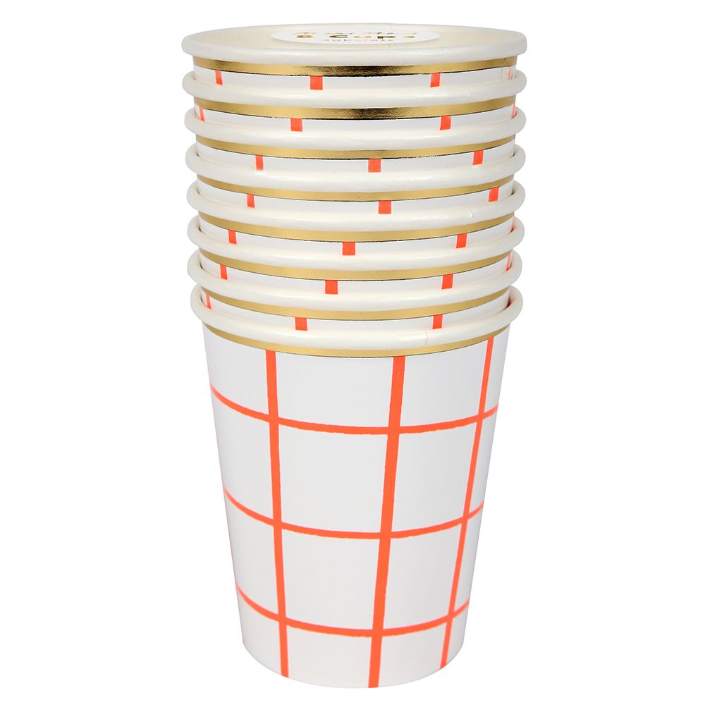 Meri Meri - Neon Coral Grid Cups 8pcs - Coral