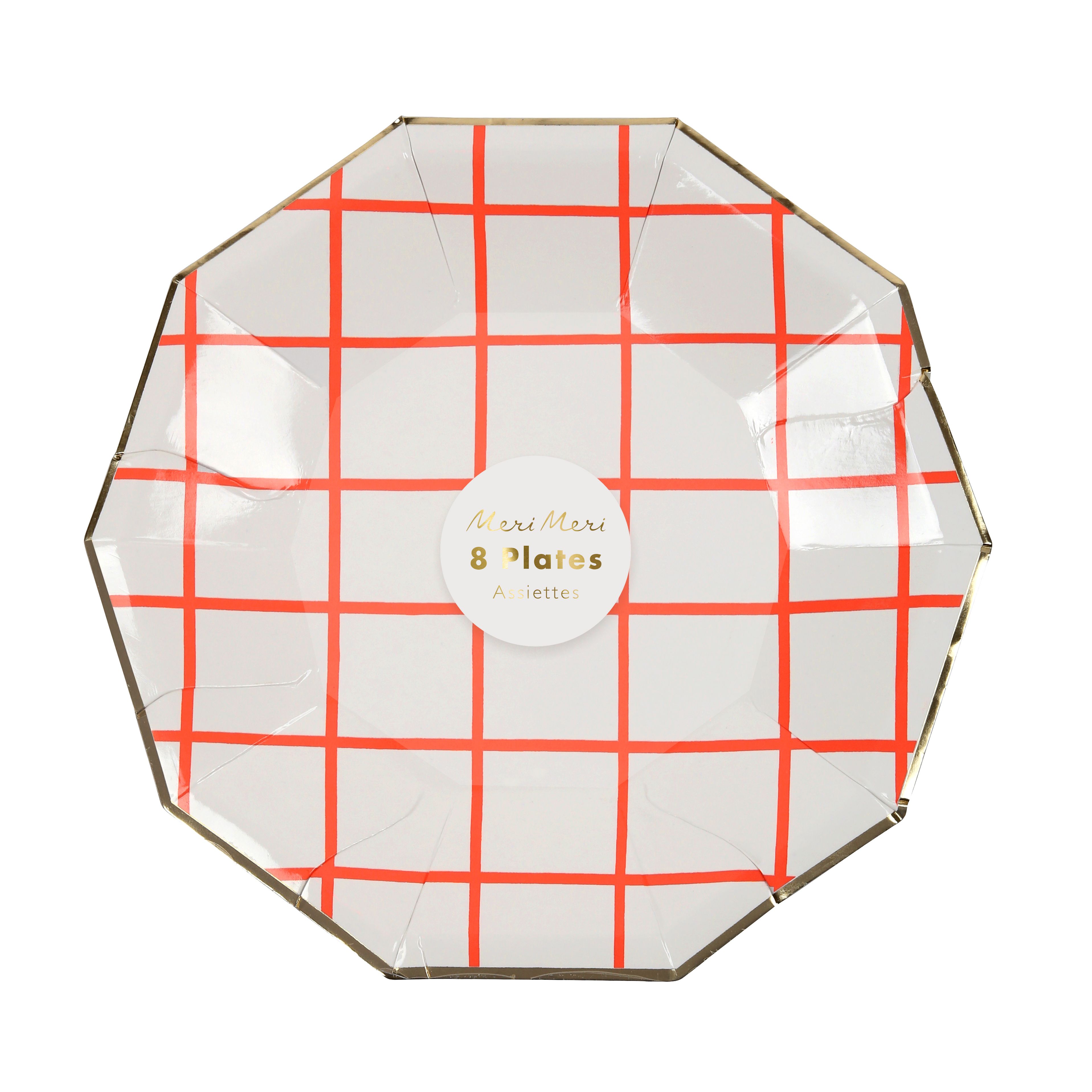 Meri Meri - Neon Coral Grid Plates 8pcs - Small - Coral