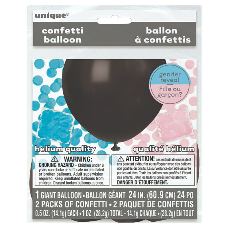 Unique - 24" Black Gender Reveal Balloon W/ Confetti