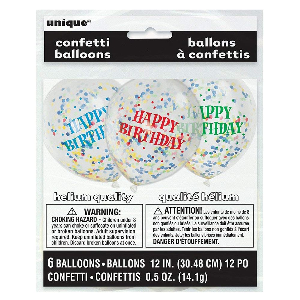 Unique - Assorted Happy Birthday Confetti Balloons 6pcs