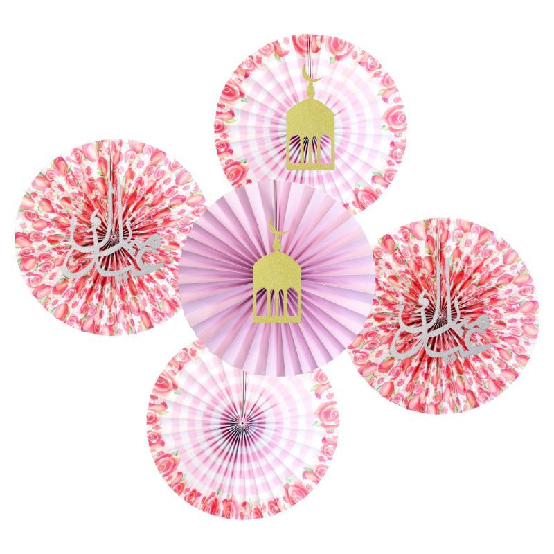 Eid Party - Floral Hanging Fan Decorations - Pink