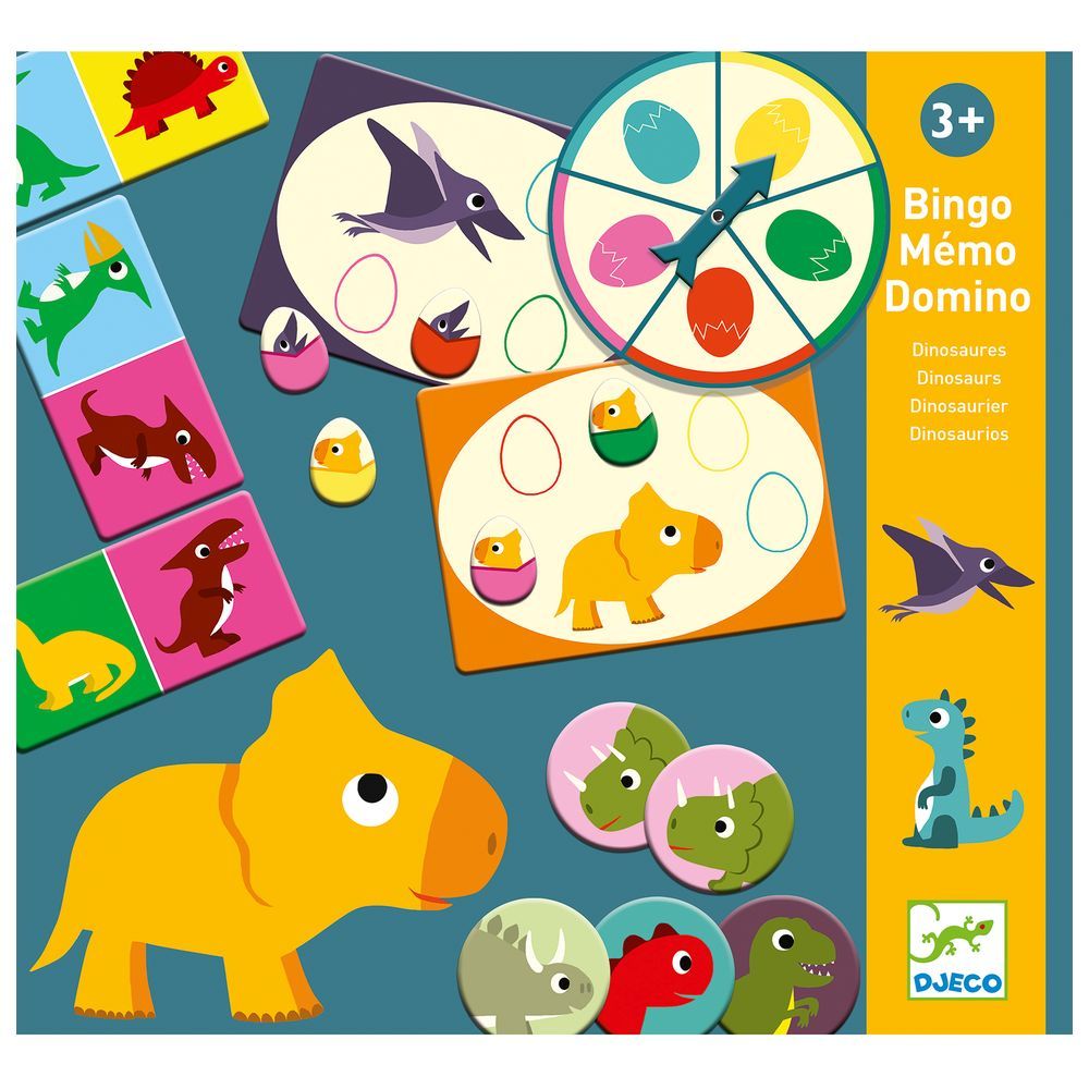 Djeco - 3-in-1 Dinosaur Bingo, Memo & Dominoes Game