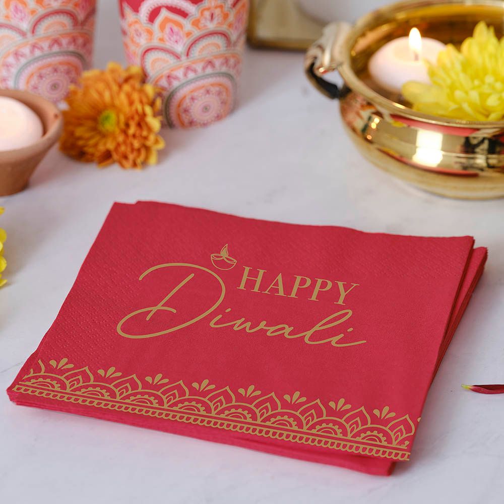 Ginger Ray - Happy Diwali Napkins - Gold & Red - 16pcs