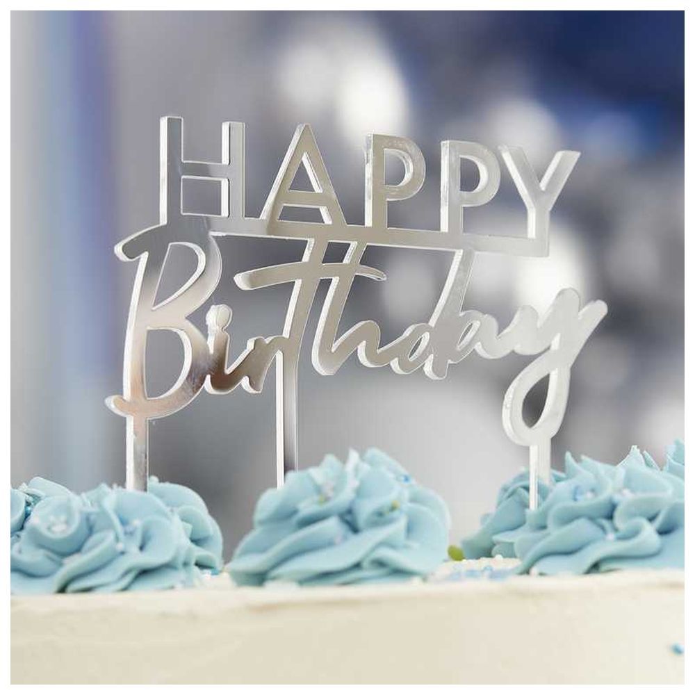 جنجر راي - زينة كيك علوية أكريليك - Happy Birthday - فضي