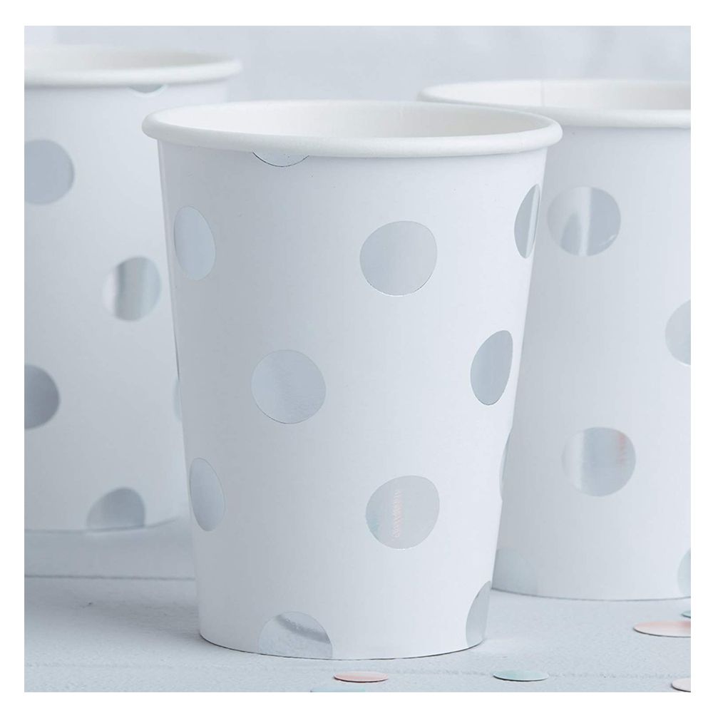 Ginger Ray - Silver Foiled Dotty Cups - White