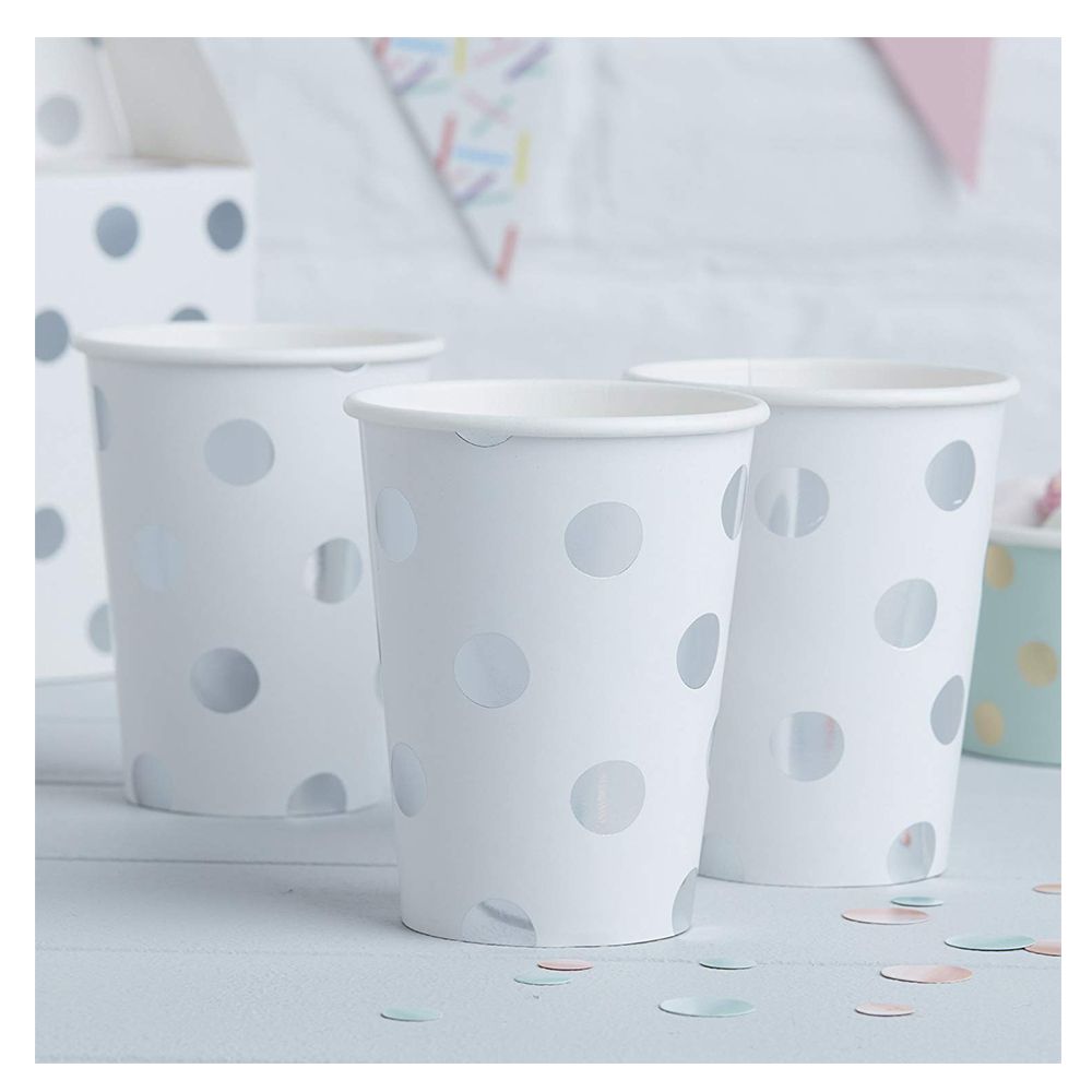 Ginger Ray - Silver Foiled Dotty Cups - White