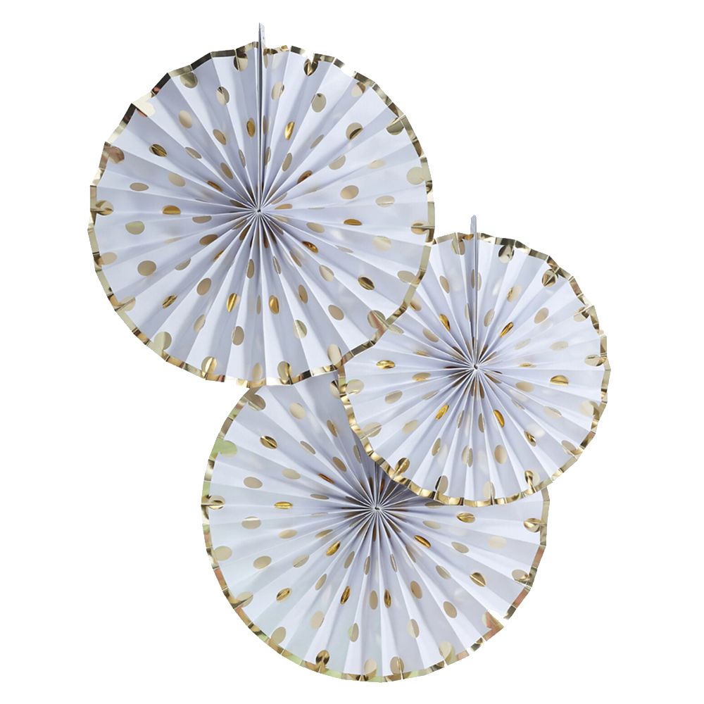 Ginger Ray - Foiled Dotty Fan Decorations - Gold & White