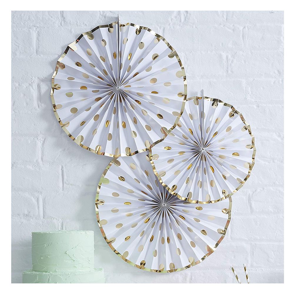 Ginger Ray - Foiled Dotty Fan Decorations - Gold & White