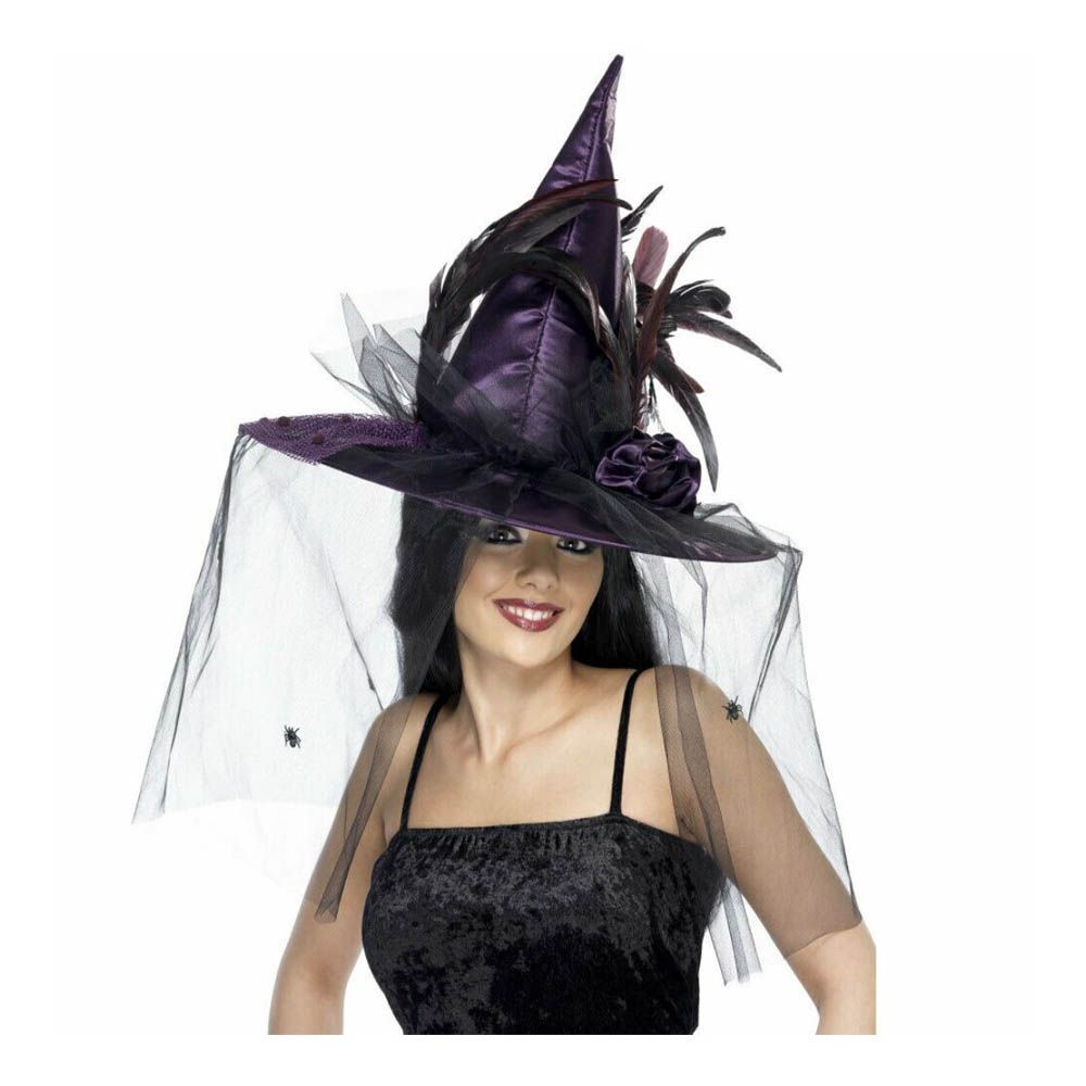 Smiffys - Halloween Witch Hat w/Feathers & Netting - Purple