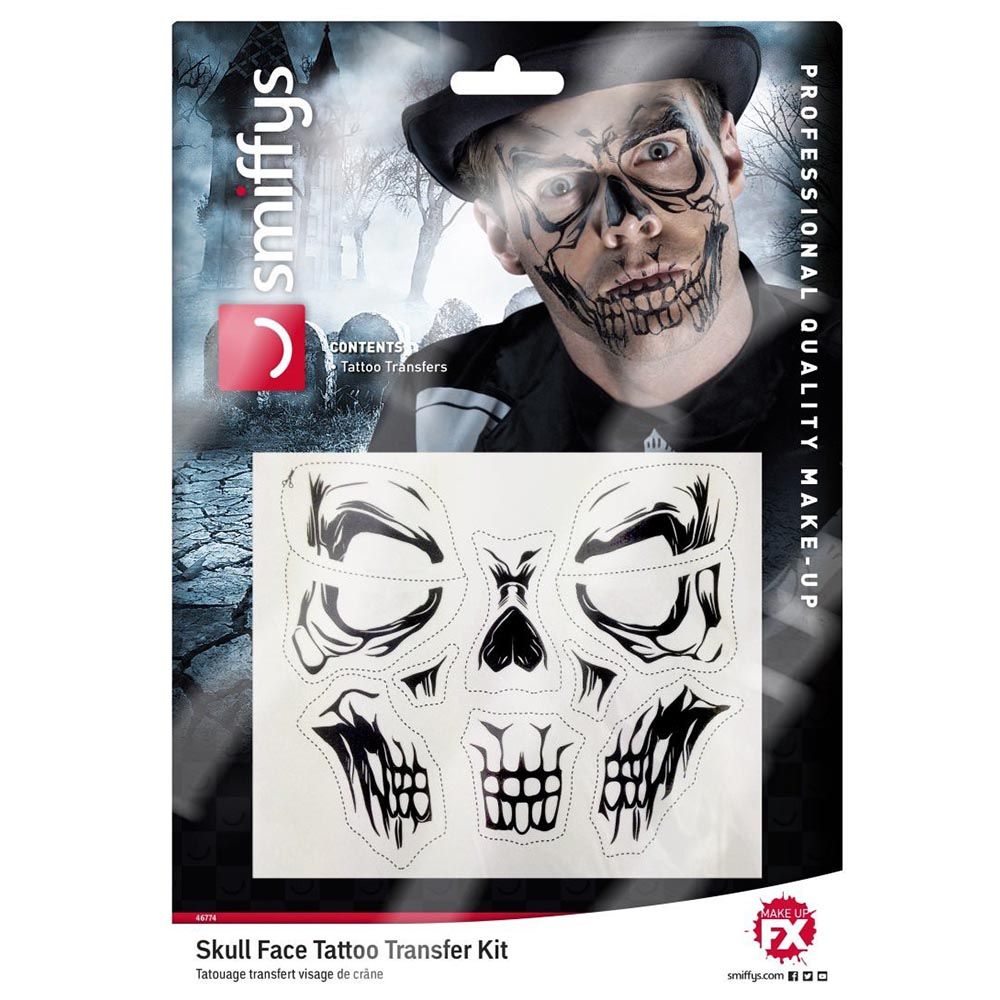 Smiffys - Skull Face Tattoo Transfer Kit - Black