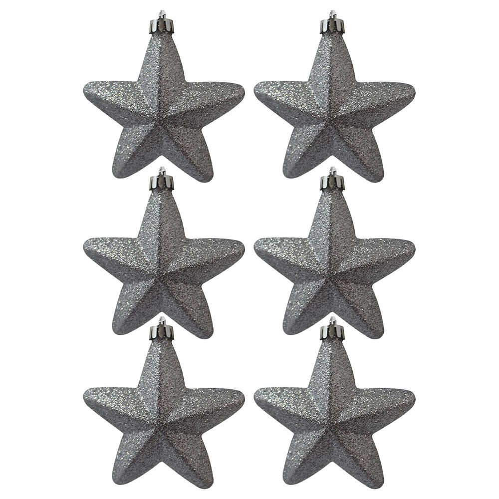 Christmas Magic - 6pcs Hanging Star Glitter 10cm - Silver