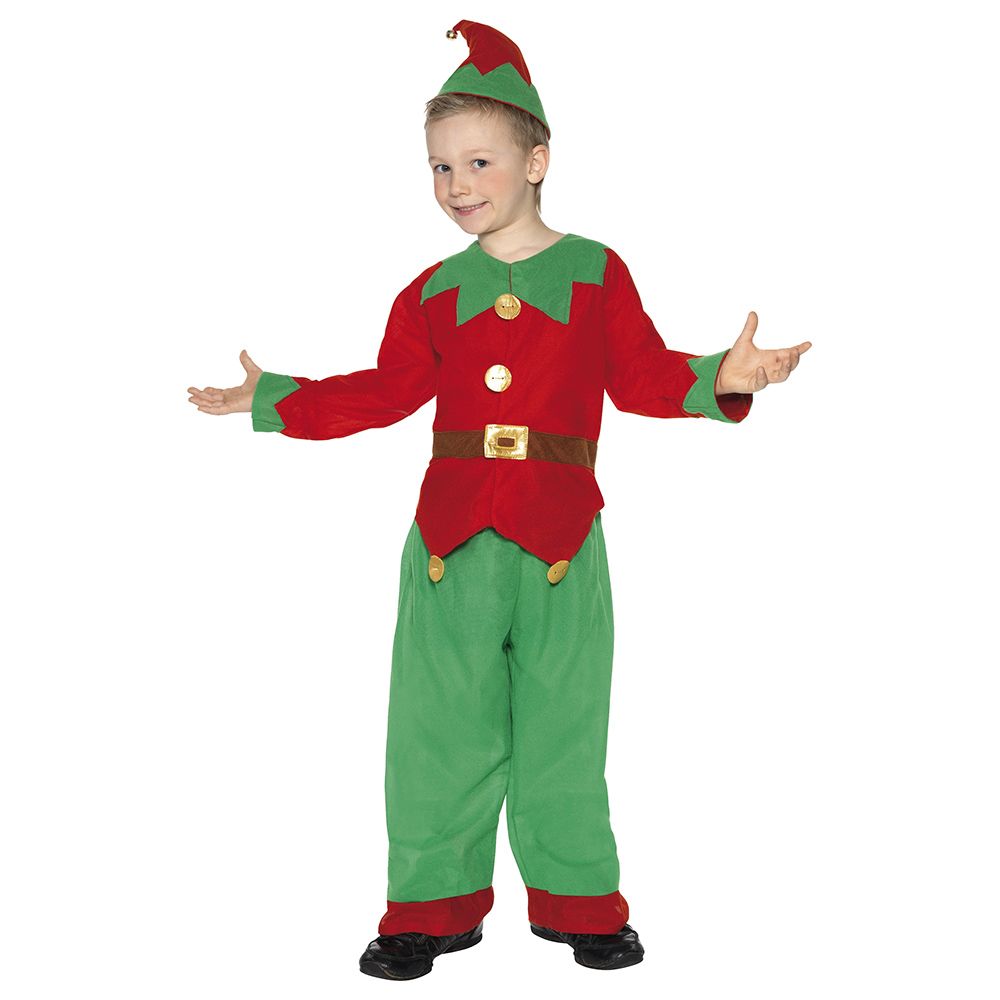 Smiffys - Elf Costume Red & Green W/ Tunic Trousers & Hat, L