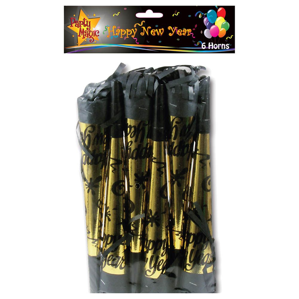 Party Magic - New Year Foil Horns W/ Black Fringe - 6pcs - 10 Inch