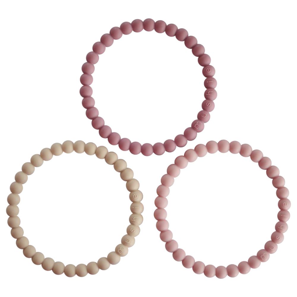 Mushie - Silicone Pearl Teether Bracelets - Linen,Peony,Pale Pink