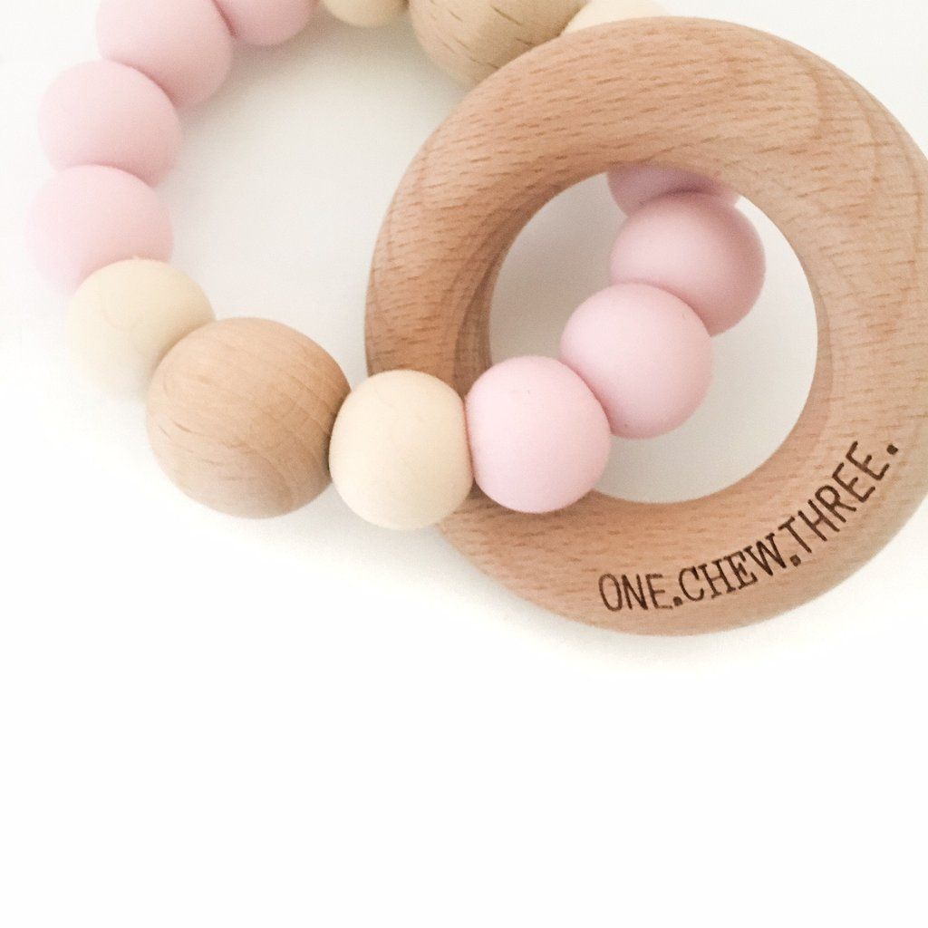 One.Chew.Three-Single Rattle Beech Wood Teether-Pink w/Cream