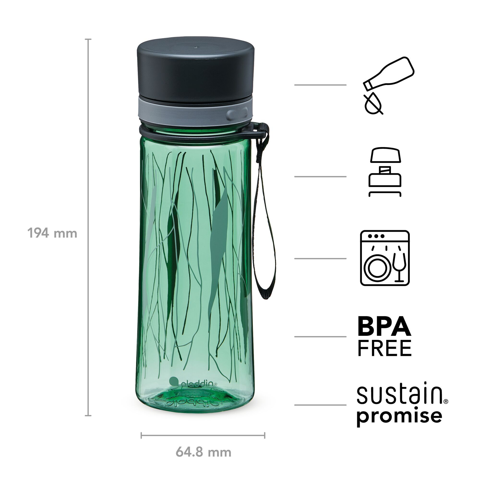 Aladdin Aveo Water Bottle 0.35L Basil Green Leaf Print 