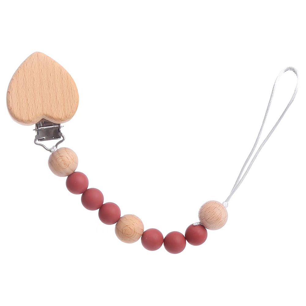 Factory Price - Heart Silicone & Wooden Pacifier Clip - Red