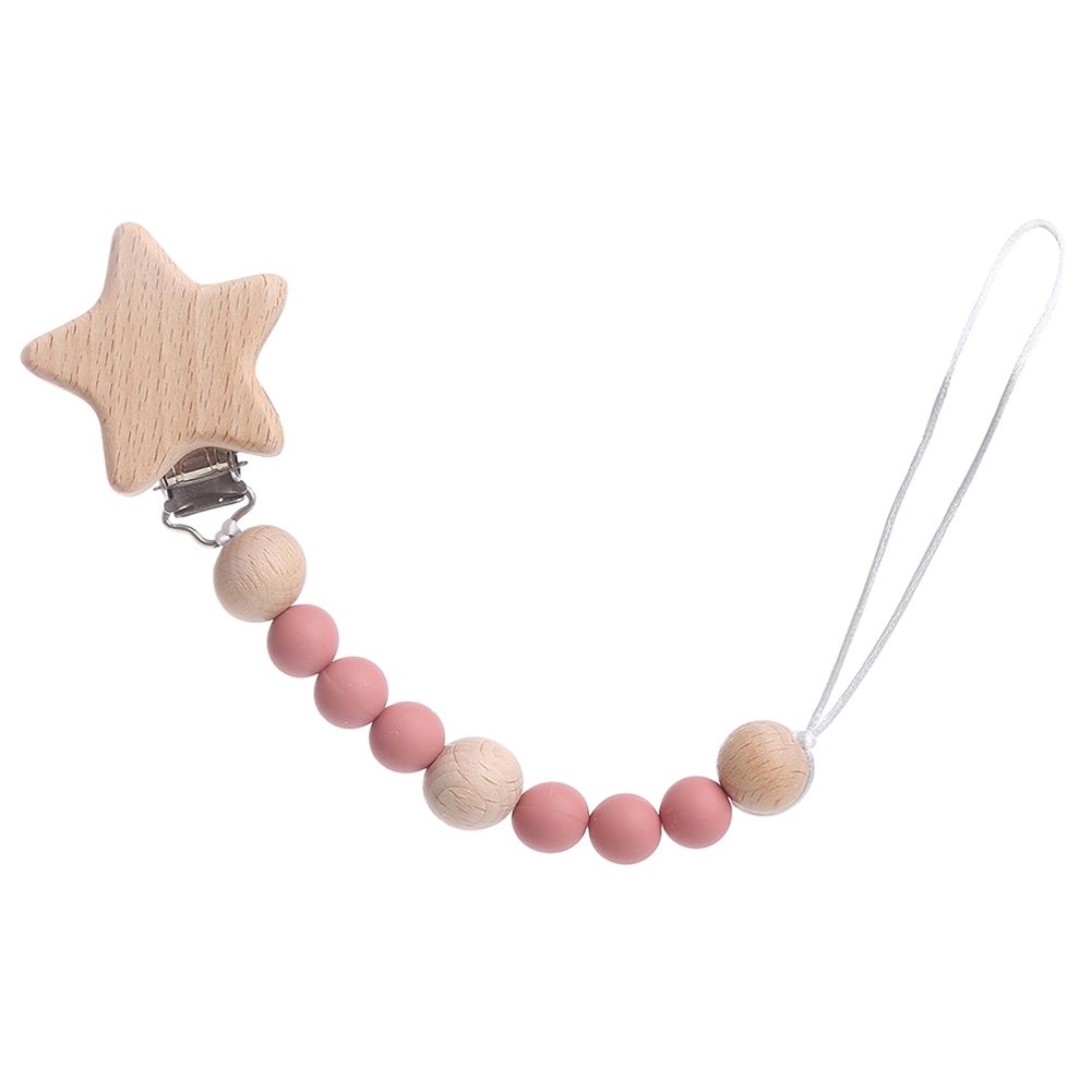 Factory Price - Star Silicone & Wooden Pacifier Clip - Pink