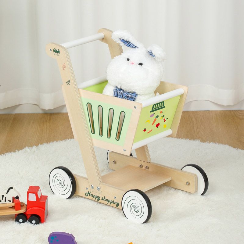 Factory Price - Wooden Shopping Cart Pretend Play w/ Baby Walker - Green