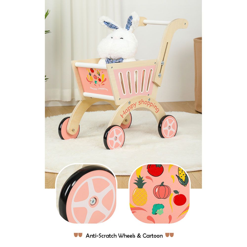 Factory Price - Wooden Shopping Cart Pretend Play w/ Baby Walker - Pink