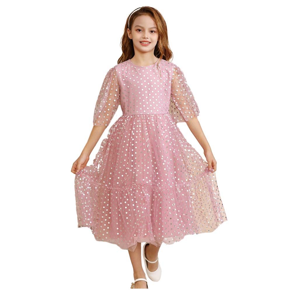 Le Crystal - Girl Round Neck Party Dress - Pink