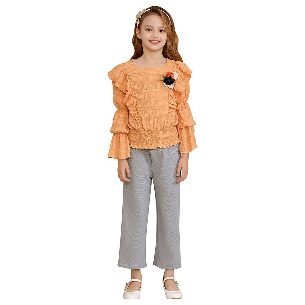 Le Crystal - 2pc-Set - Girl Top & Pants - Orange/Ash Grey