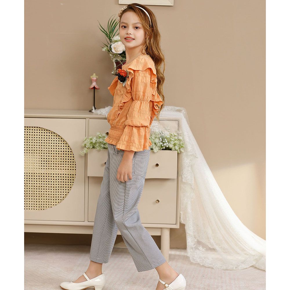 Le Crystal - 2pc-Set - Girl Top & Pants - Orange/Ash Grey