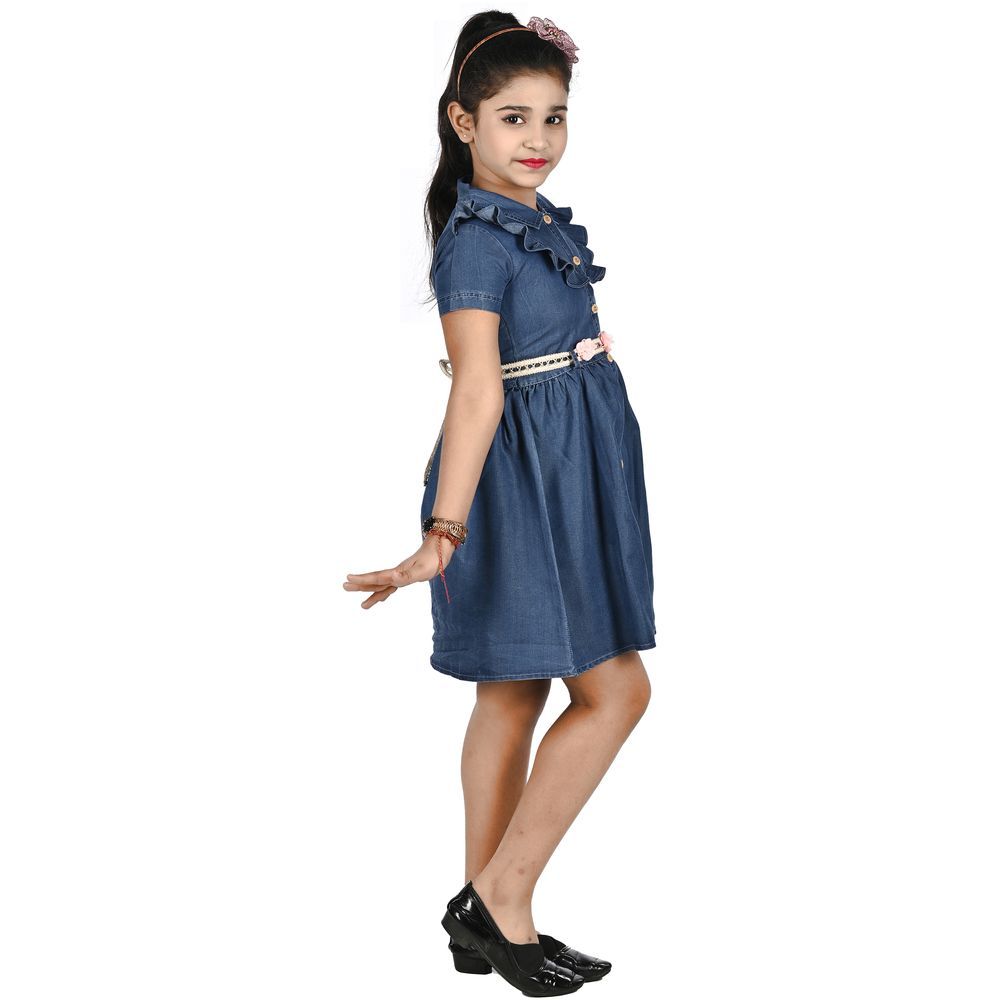 Flower Girl - Girl Denim Dress - Navy Blue