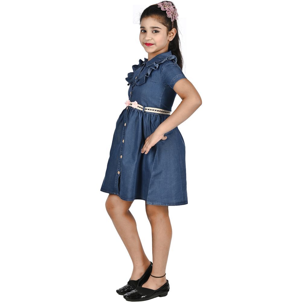 Flower Girl - Girl Denim Dress - Navy Blue