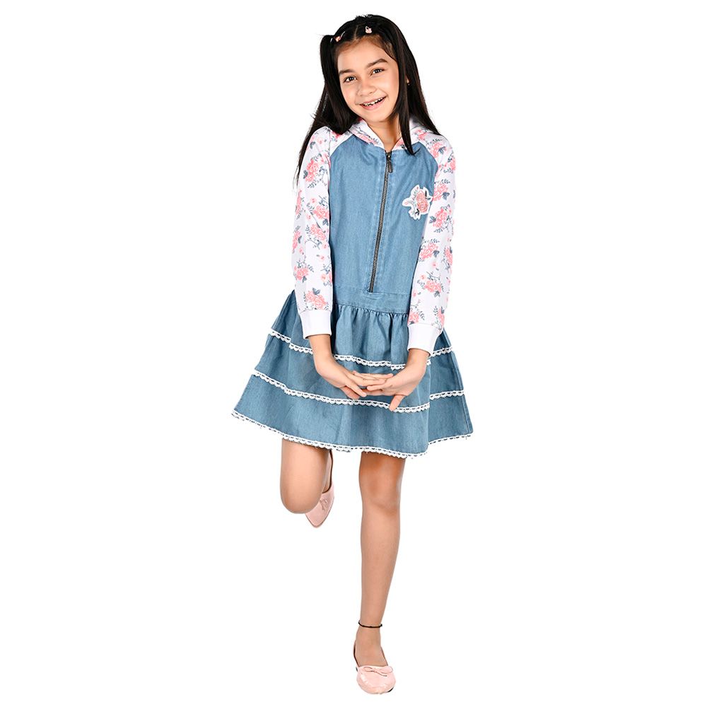 Flower Girl - Girl Full Sleeve Hooded Dress Denim White