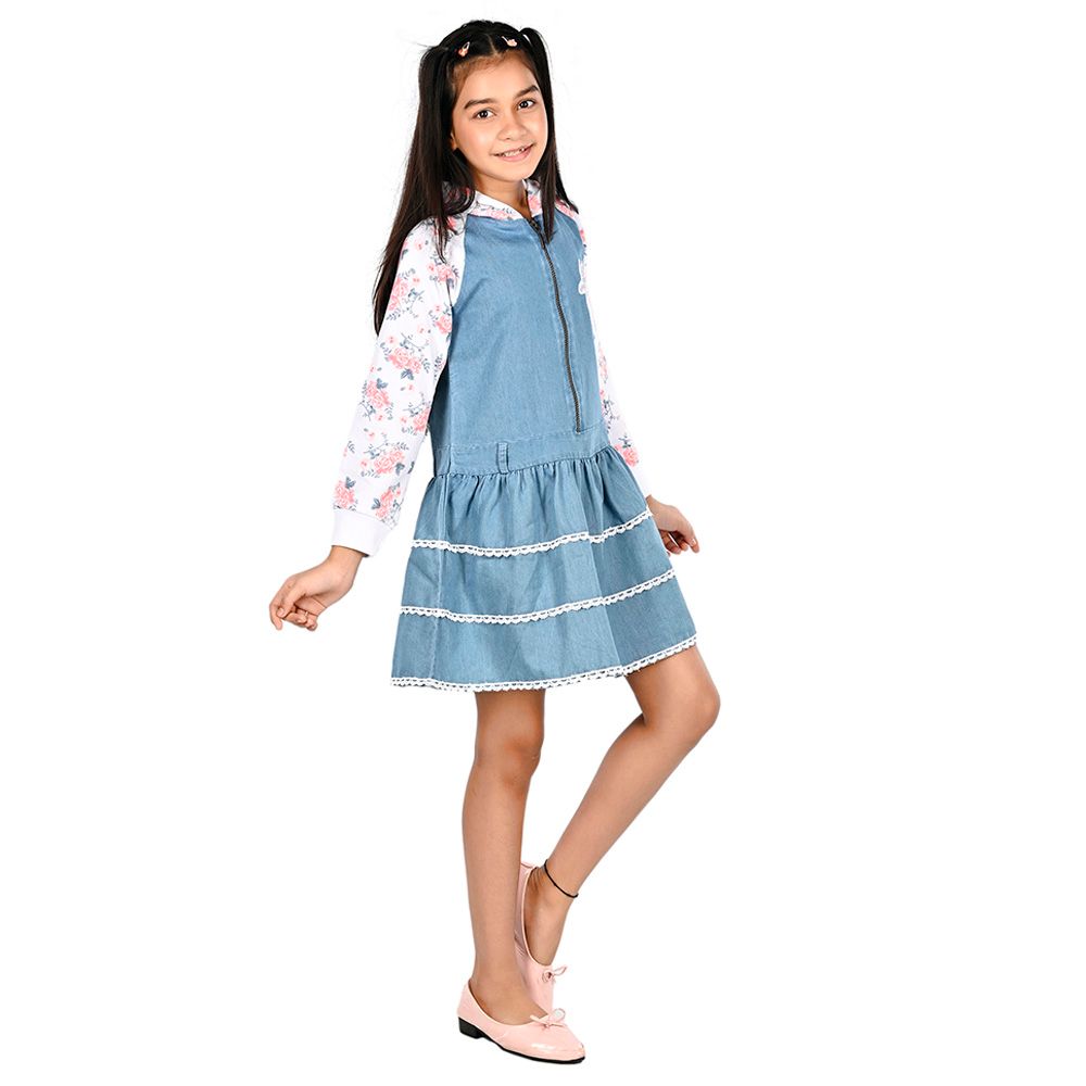 Flower Girl - Girl Full Sleeve Hooded Dress Denim White