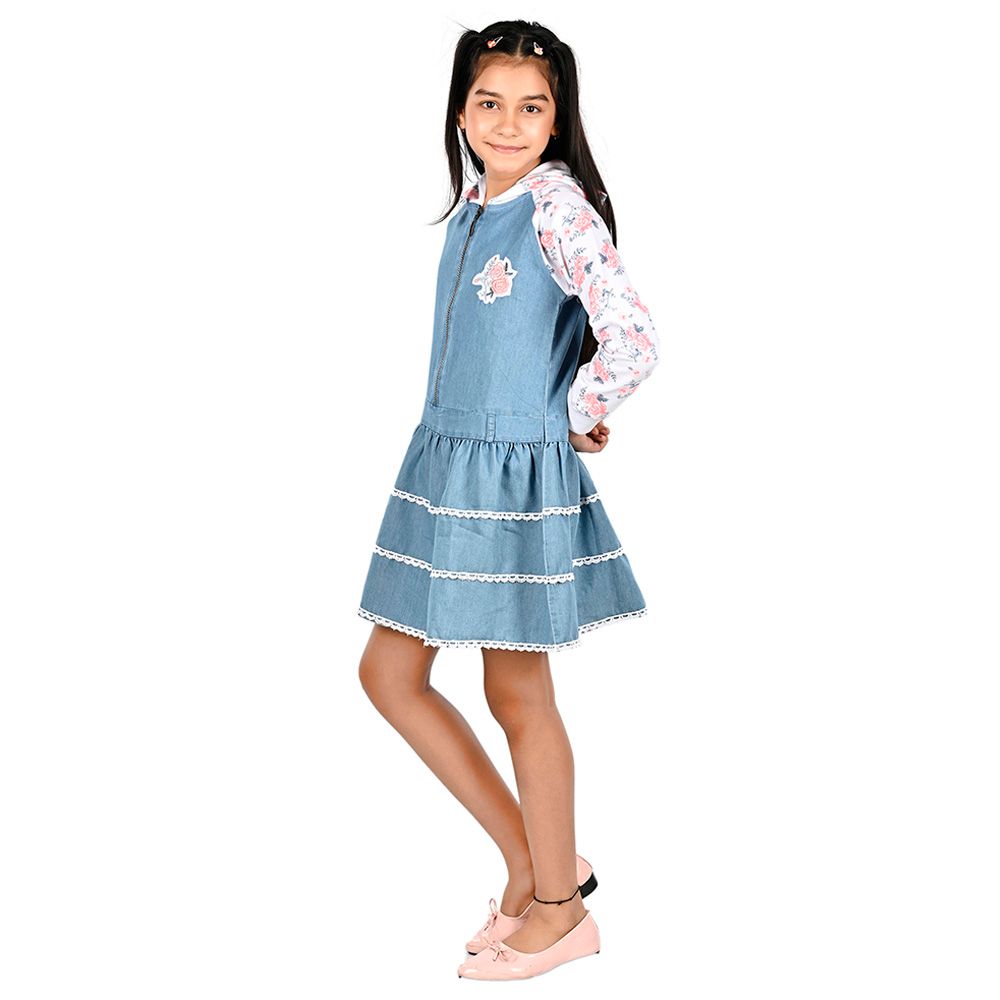 Flower Girl - Girl Full Sleeve Hooded Dress Denim White