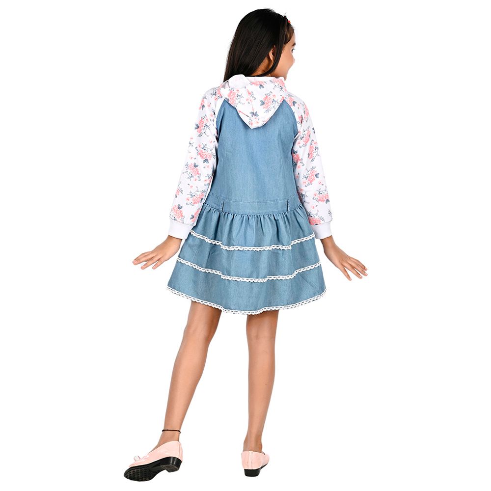 Flower Girl - Girl Full Sleeve Hooded Dress Denim White