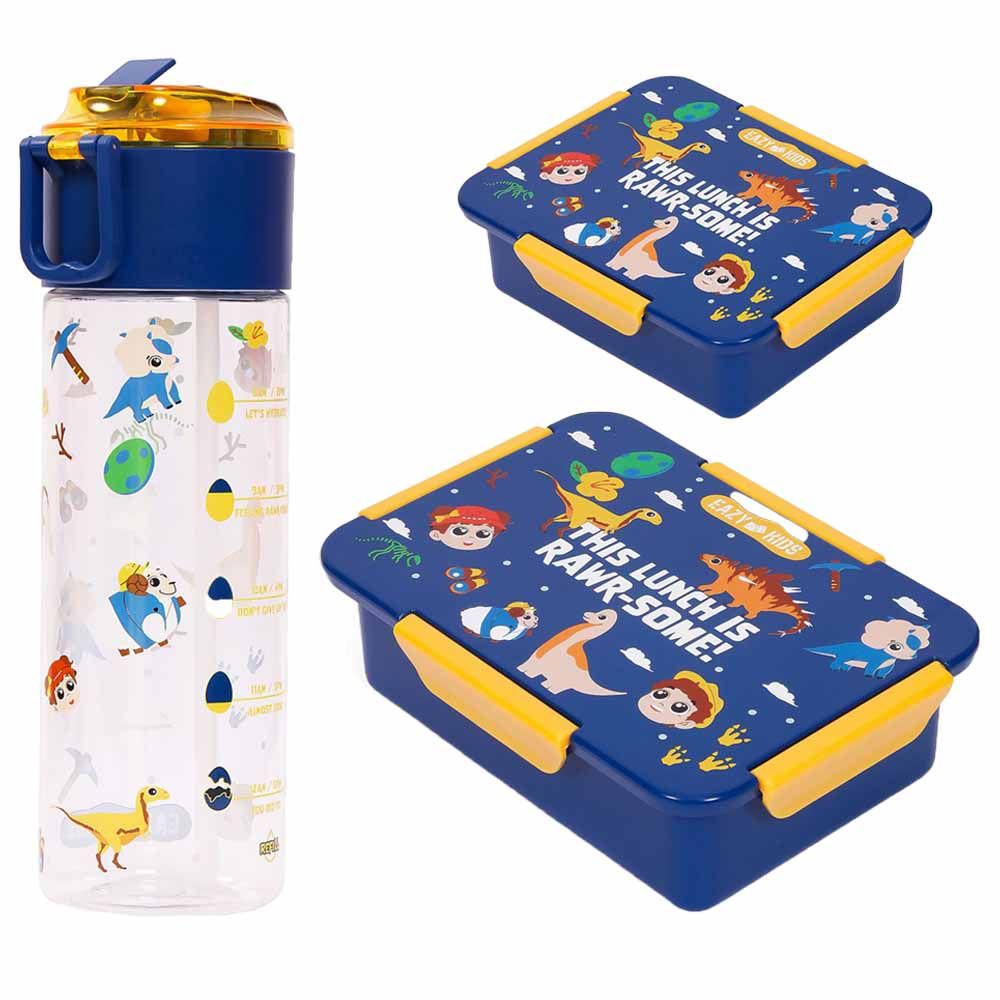 Eazy Kids - T-Rex Lunch Box & Water Bottle 450ml W/ Snack Box - Blue