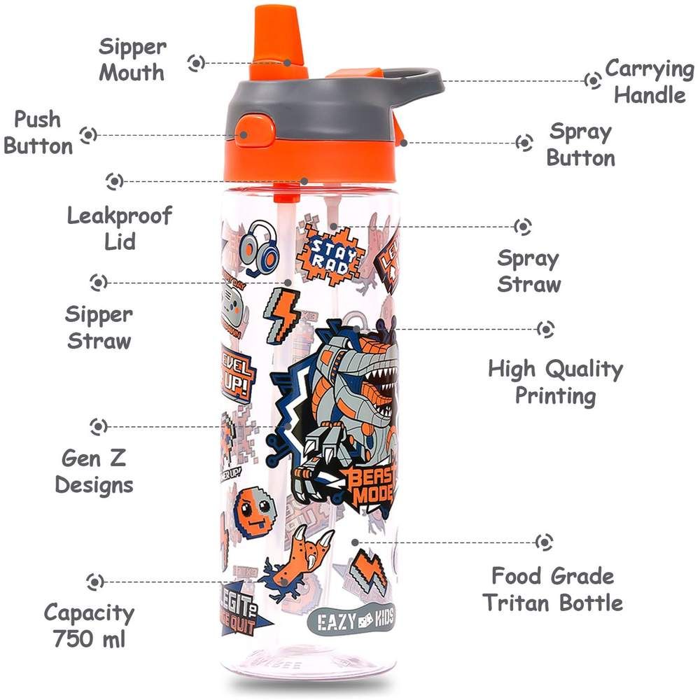 Eazy Kids - Lunch Box and Tritan Water Bottle w/ Spray, Dinosaur, 750ml - Grey