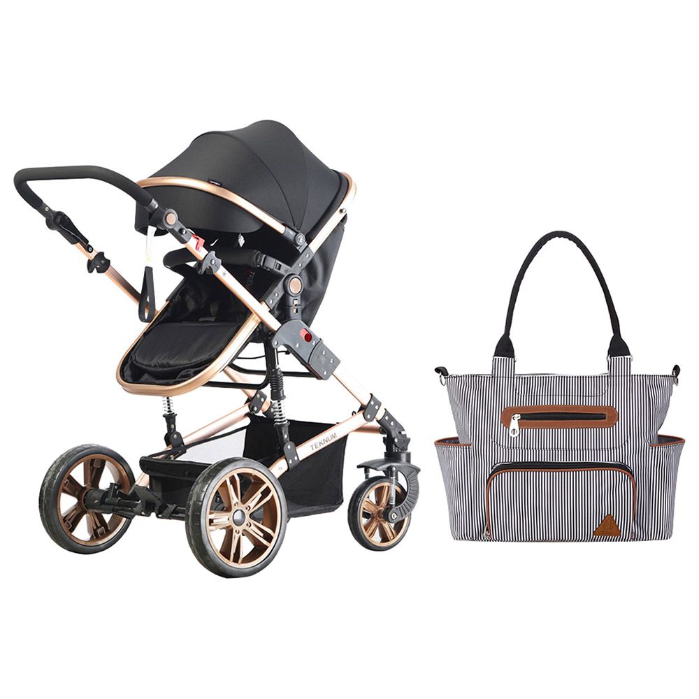 Teknum 3-In-1 Pram Stroller & Diaper Bag Bundle - Black