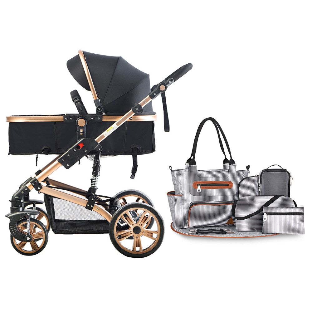 Teknum 3-In-1 Pram Stroller & Diaper Bag Bundle - Black