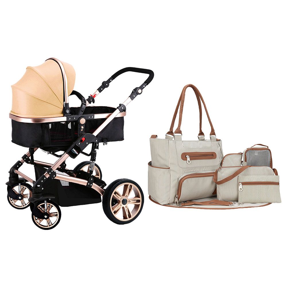 Teknum 3-In-1 Pram Stroller & Diaper Bag Bundle - Khaki