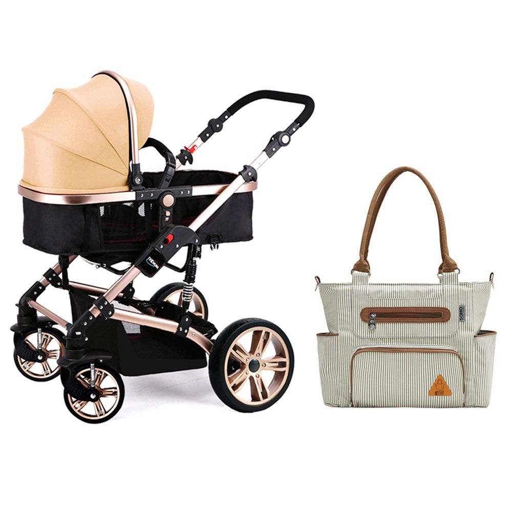 Teknum 3-In-1 Pram Stroller & Diaper Bag Bundle - Khaki