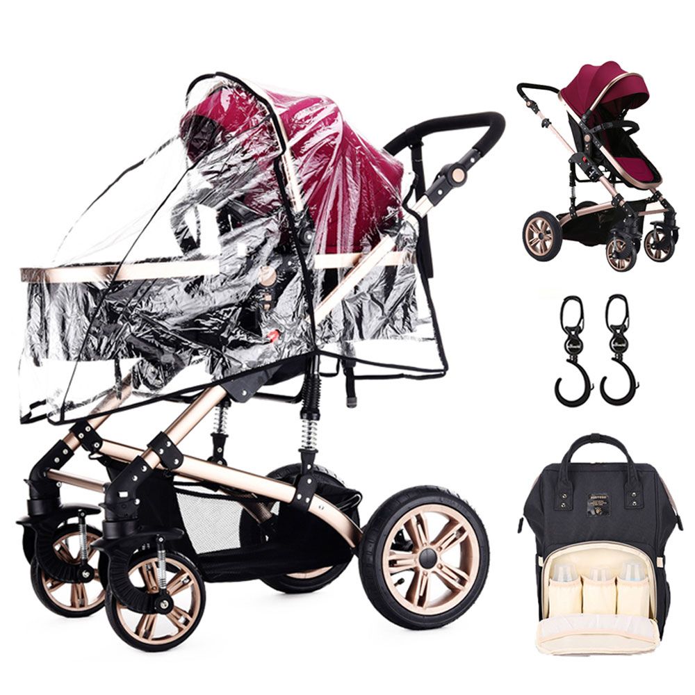 Teknum - 3-in-1 Pram Stroller, Diaper Bag & Hooks Wine - Black