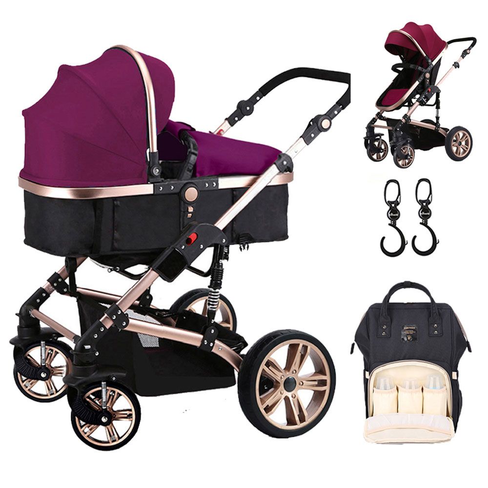 Teknum - 3-in-1 Pram Stroller, Diaper Bag & Hooks Wine - Black