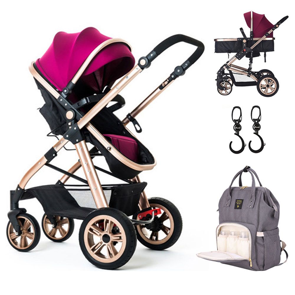 Teknum 3-in-1 Pram Stroller, Diaper Bag & Hooks Wine Grey