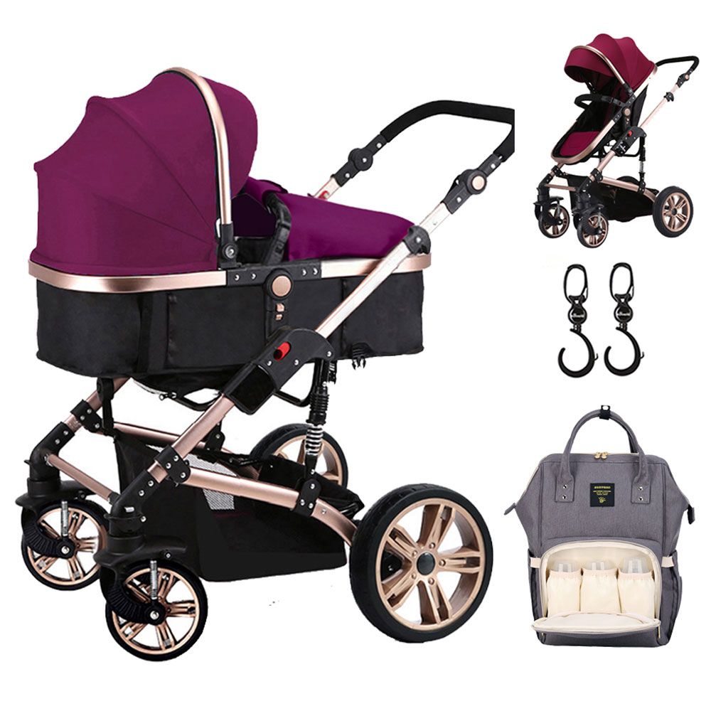 Teknum 3-in-1 Pram Stroller, Diaper Bag & Hooks Wine Grey