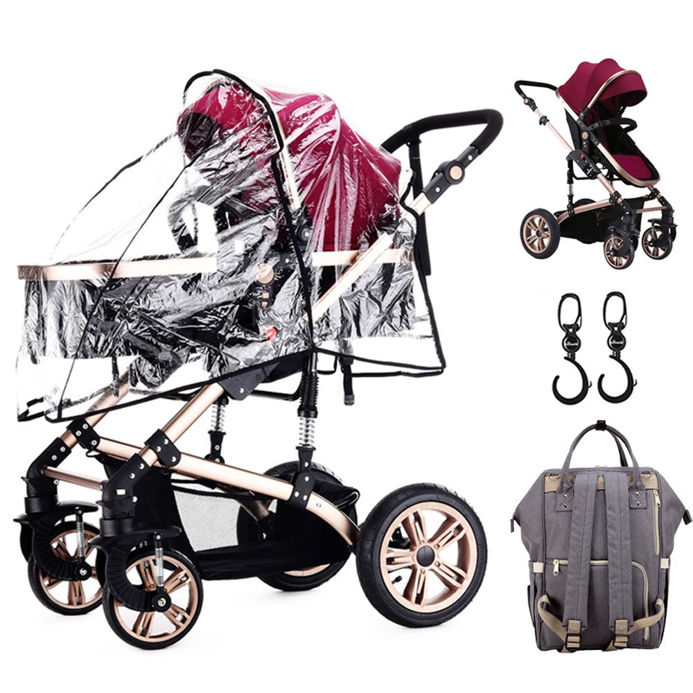 Teknum 3-in-1 Pram Stroller, Diaper Bag & Hooks Wine Grey