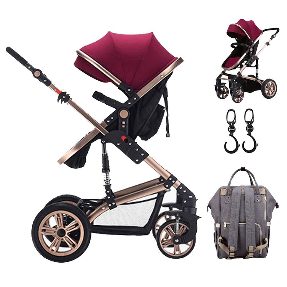 Teknum 3-in-1 Pram Stroller, Diaper Bag & Hooks Wine Grey