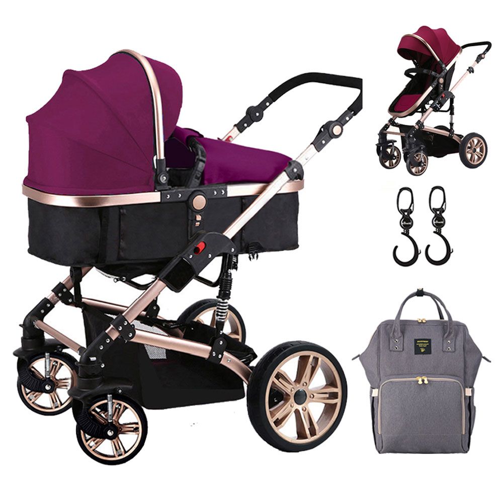 Teknum 3-in-1 Pram Stroller, Diaper Bag & Hooks Wine Grey