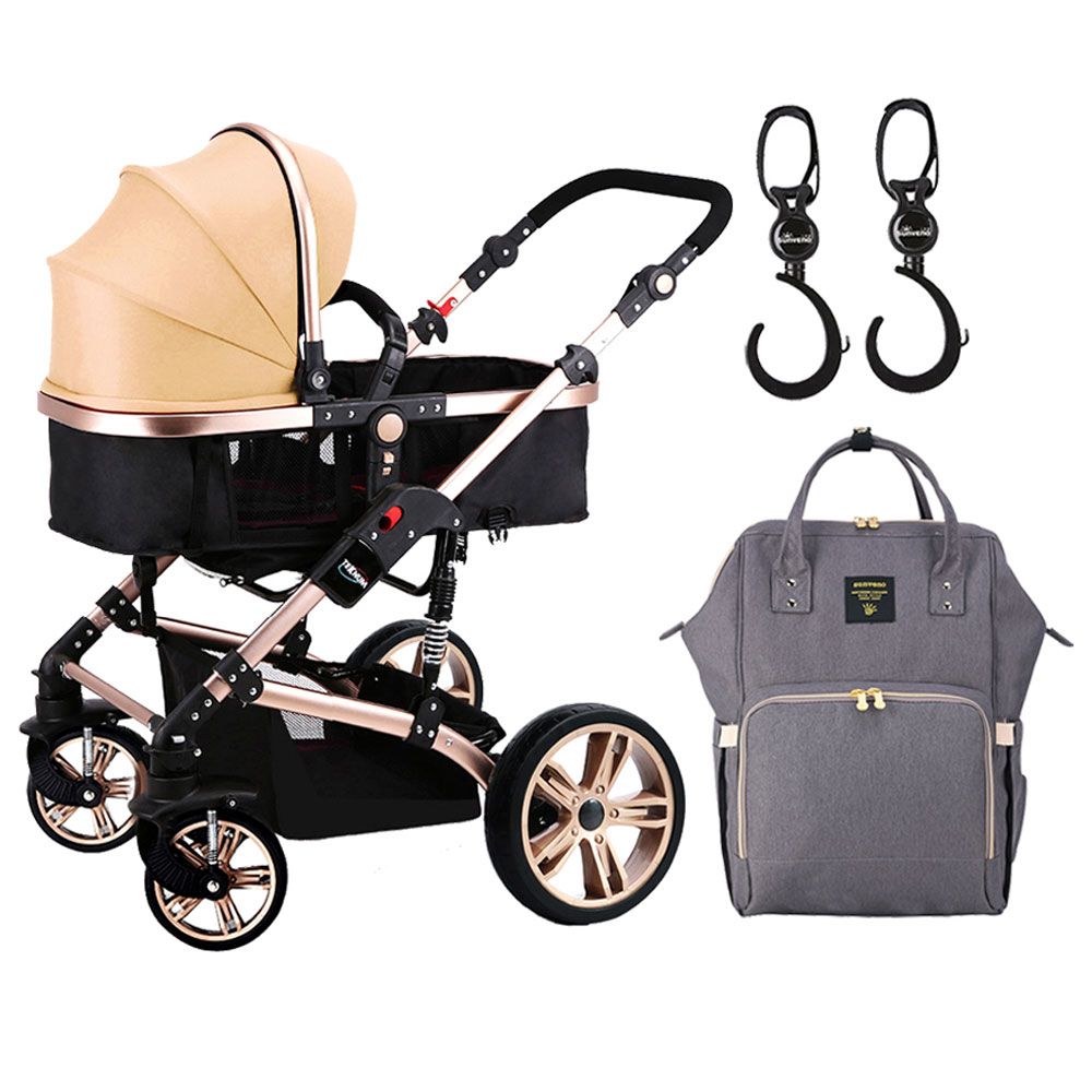 Teknum - 3-in-1 Pram Stroller, Diaper Bag & Hooks Khaki Grey