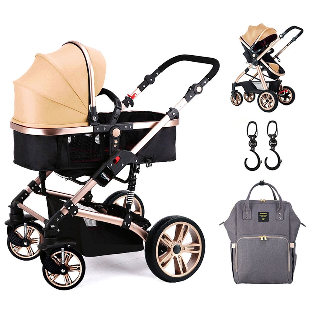 Teknum - 3-in-1 Pram Stroller, Diaper Bag & Hooks Khaki Grey